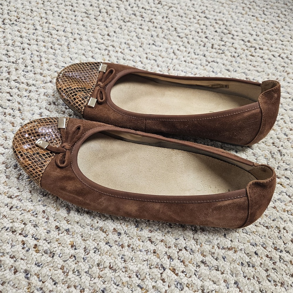 Vionic Spark Minna Brown Suede Leather Snakeskin Cap Toe Bow Ballet Flat 8.5